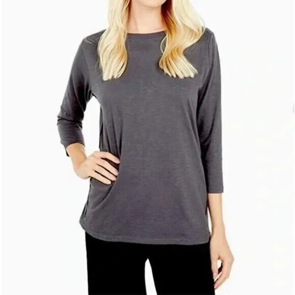 Pact 100% Organic Cotton Boatneck 3/4 Sleeve T-Shirt Top in Gray,‎ Size Small - Picture 1 of 8